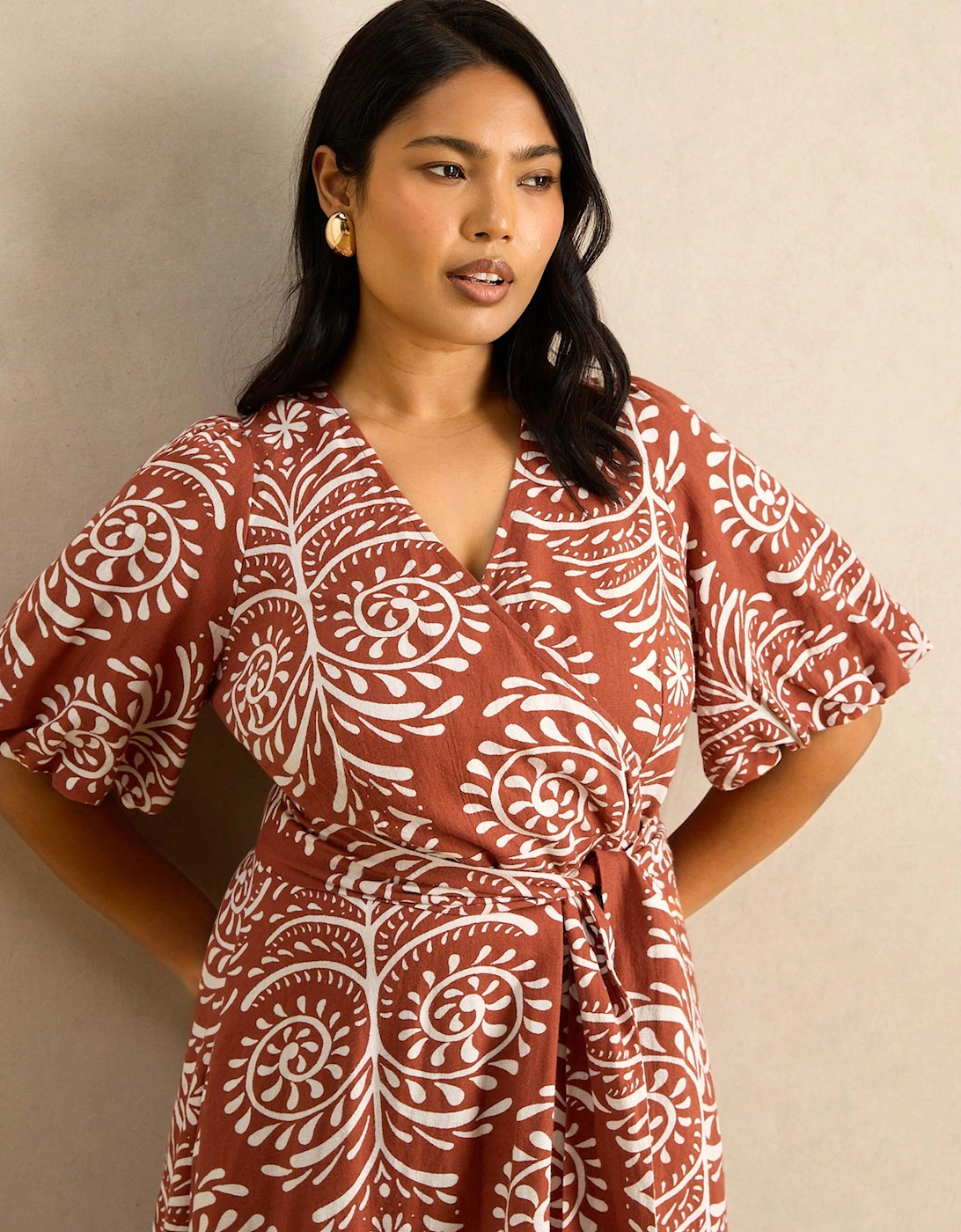 Terracotta Print Linen Blend Puff Sleeve Wrap Dress