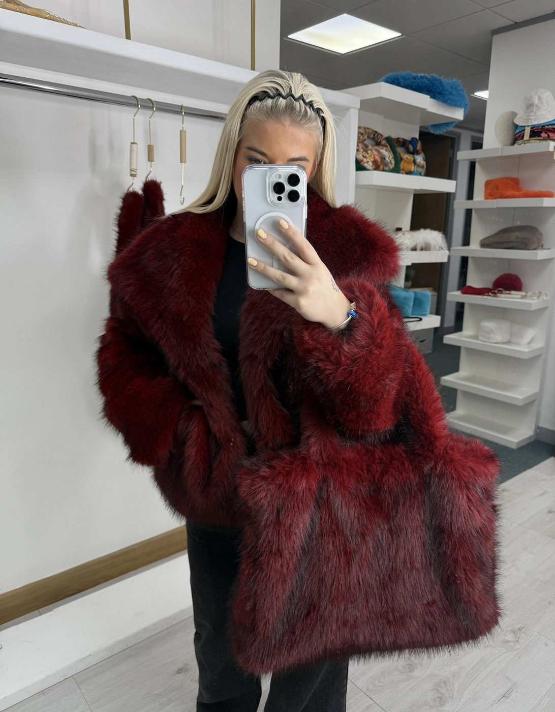 Red Bamboo Blend Faux Fur Large Tote Bag