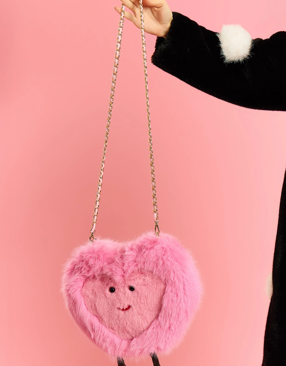 Pink Handmade Bamboo Faux Fur Heart Bag