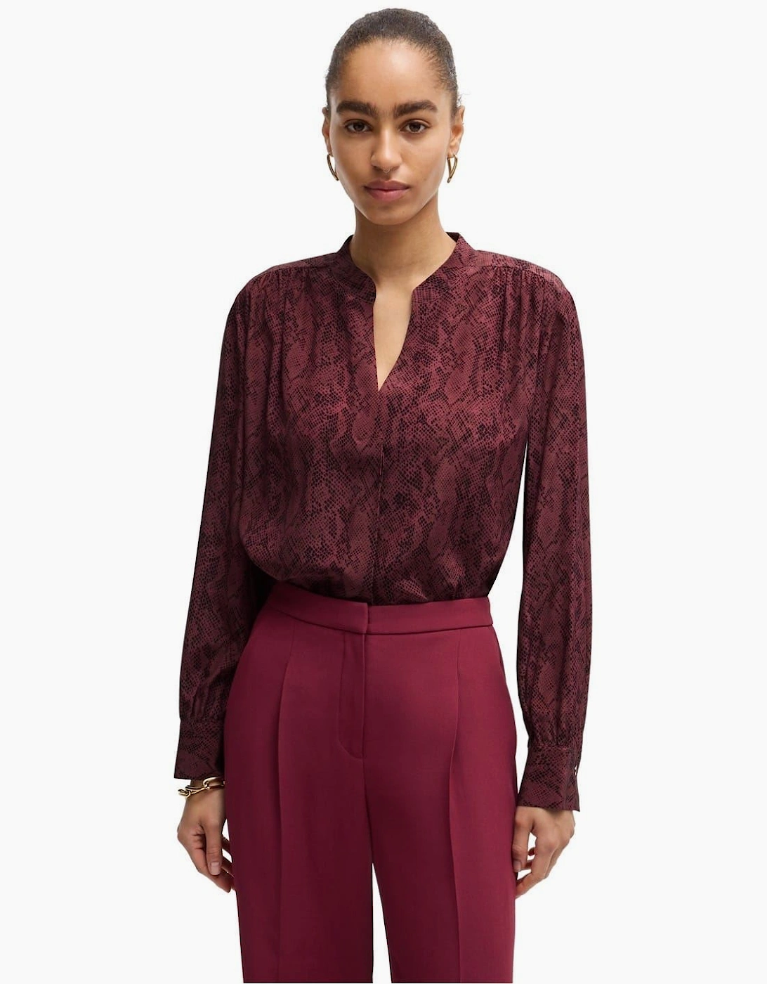 Notched Neck Band Collar Long Sleeve Blouse