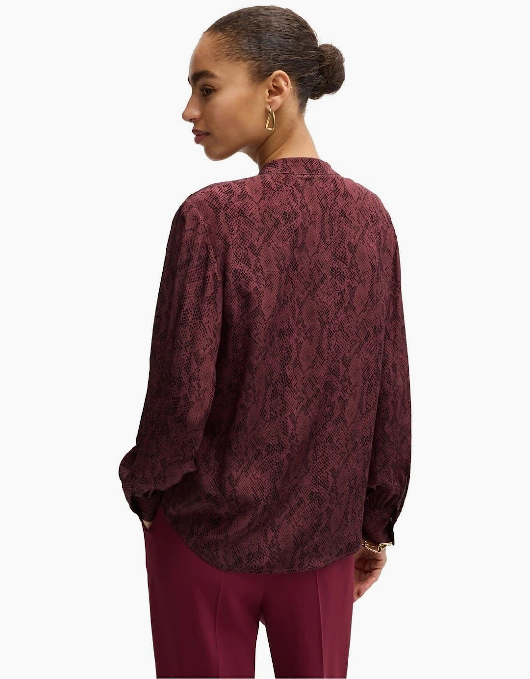 Notched Neck Band Collar Long Sleeve Blouse