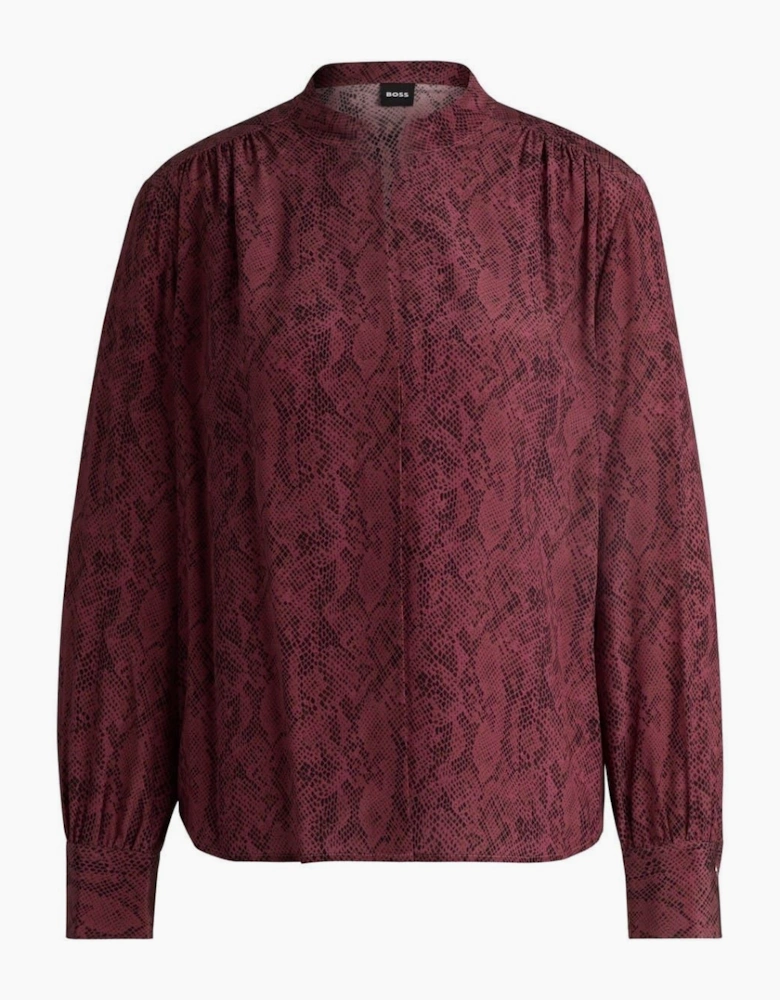 Notched Neck Band Collar Long Sleeve Blouse