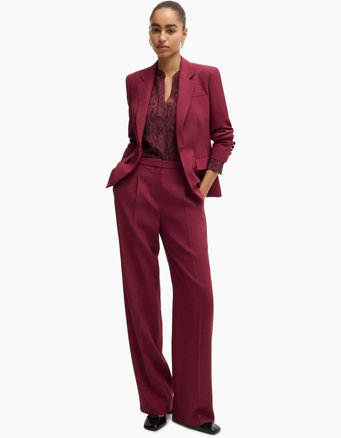 Notched Neck Band Collar Long Sleeve Blouse