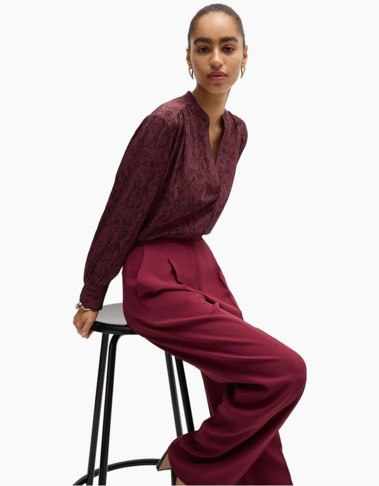 Notched Neck Band Collar Long Sleeve Blouse