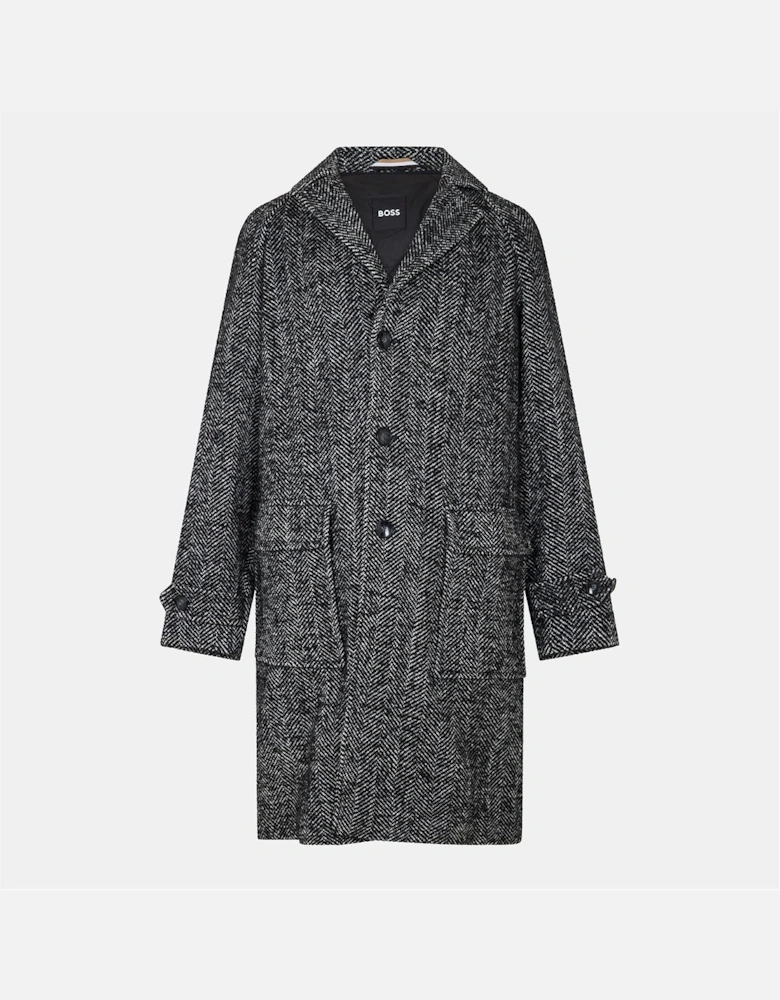 Herringbone Tweed Coat with Flap Pocket and Button Placket
