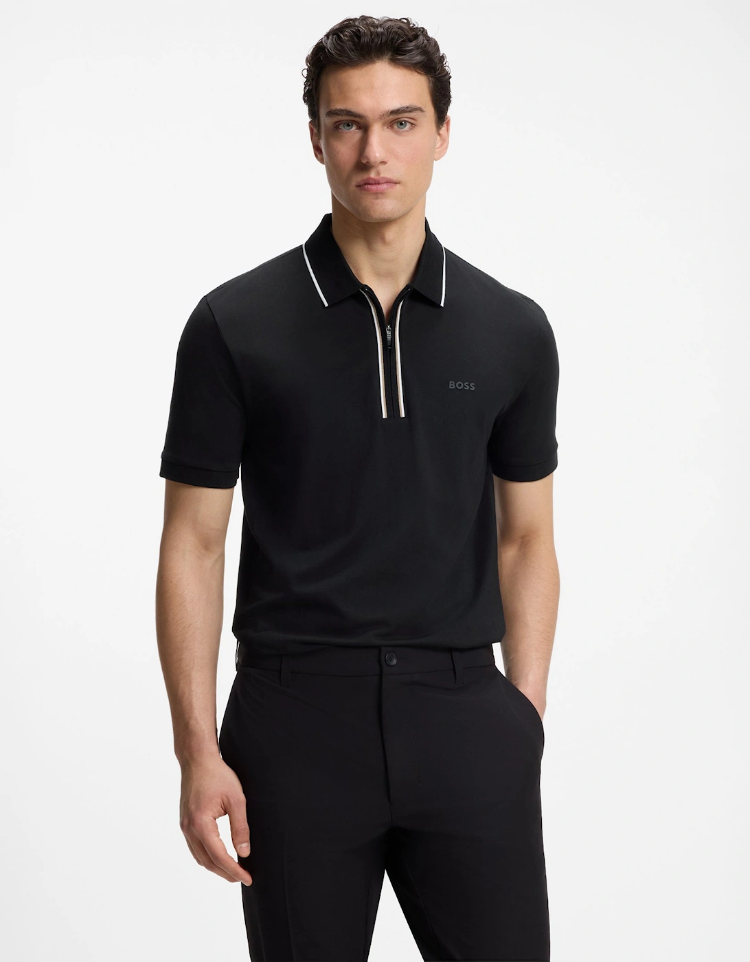 Hugo Boss Men's Black Boss Green Philix Slim Fit Zip Polo Shirt In Moisture-Wicking Stretch Cotton - 001  38 M