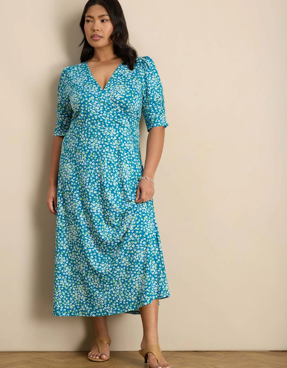 Blue Ditsy Print Jersey Ruched Sleeve Wrap Dress, 8 of 7