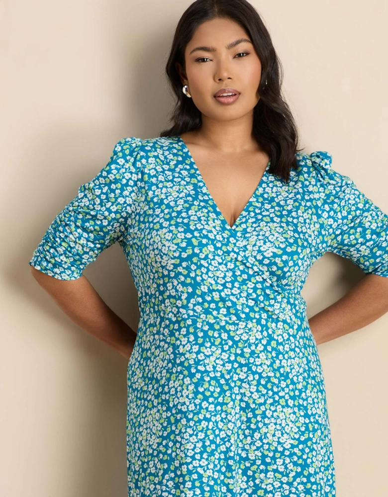 Blue Ditsy Print Jersey Ruched Sleeve Wrap Dress