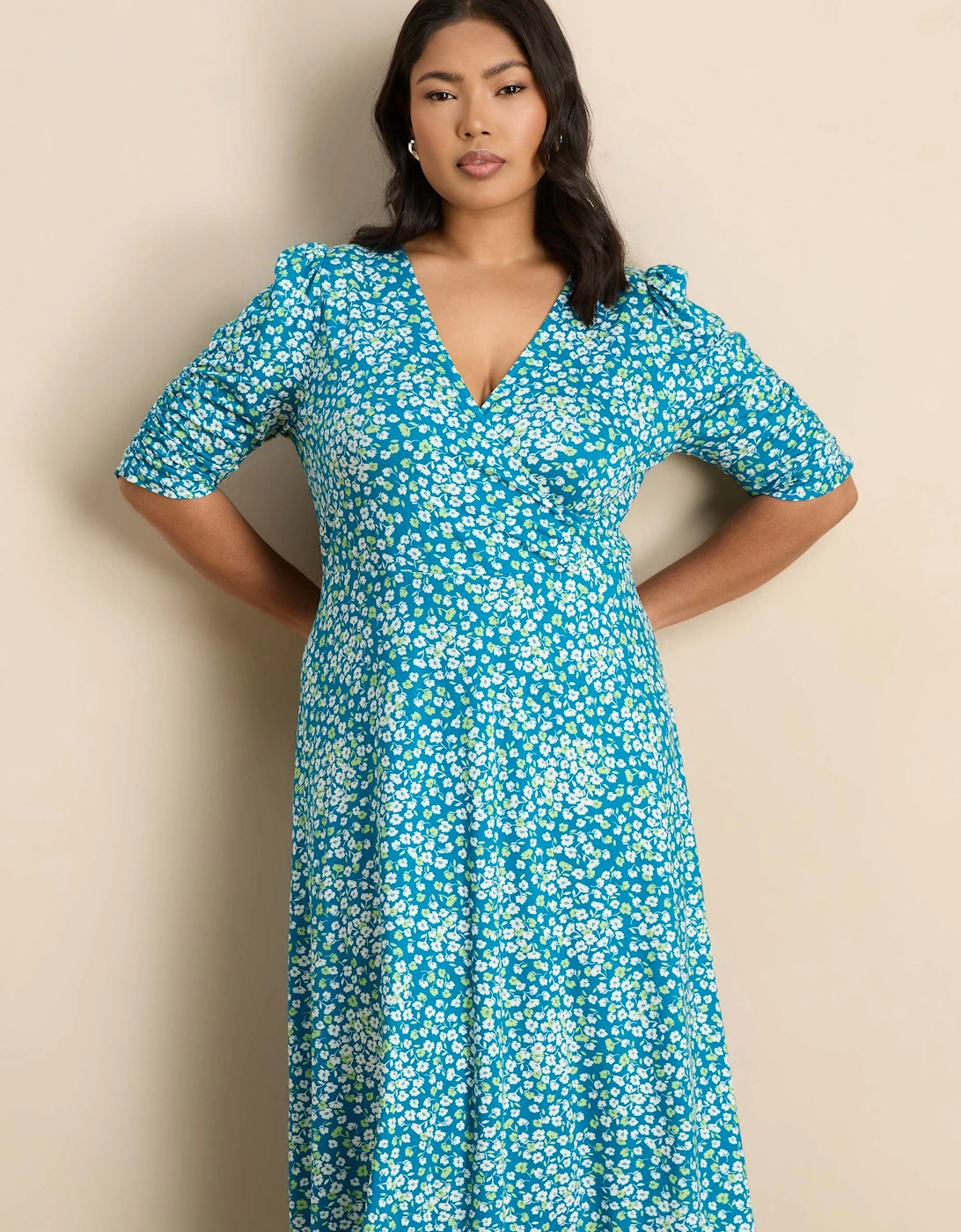 Blue Ditsy Print Jersey Ruched Sleeve Wrap Dress