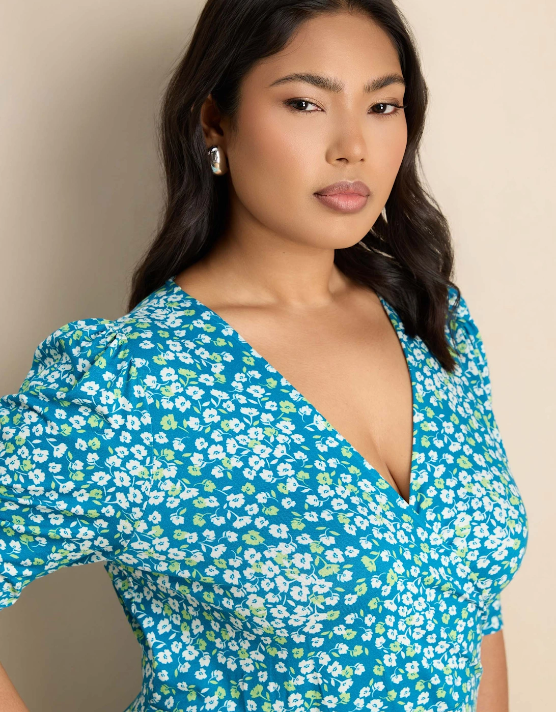 Blue Ditsy Print Jersey Ruched Sleeve Wrap Dress