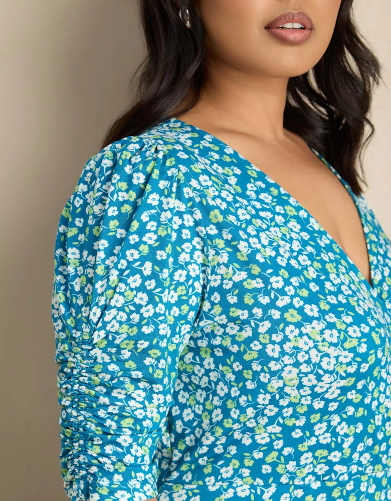 Blue Ditsy Print Jersey Ruched Sleeve Wrap Dress