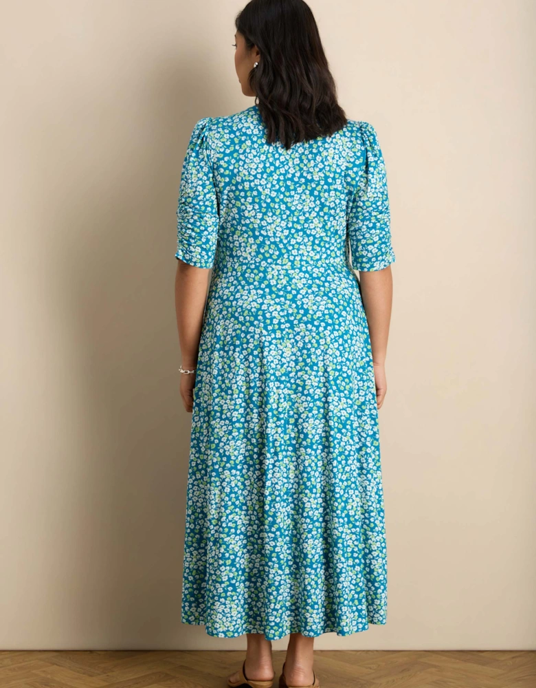 Blue Ditsy Print Jersey Ruched Sleeve Wrap Dress