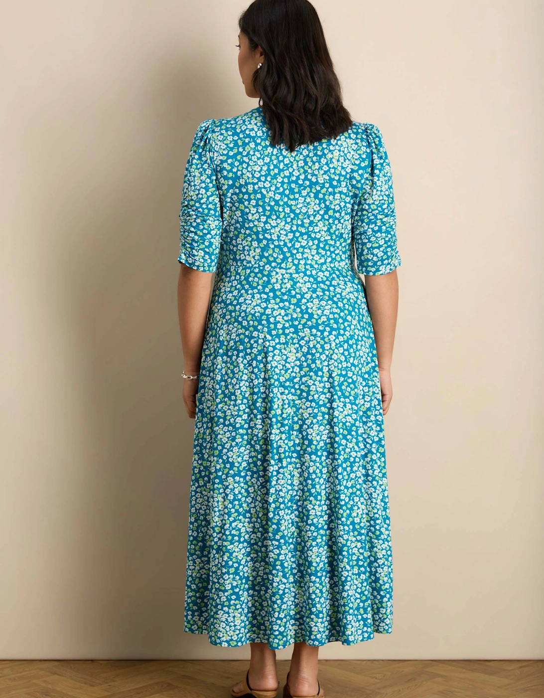 Blue Ditsy Print Jersey Ruched Sleeve Wrap Dress