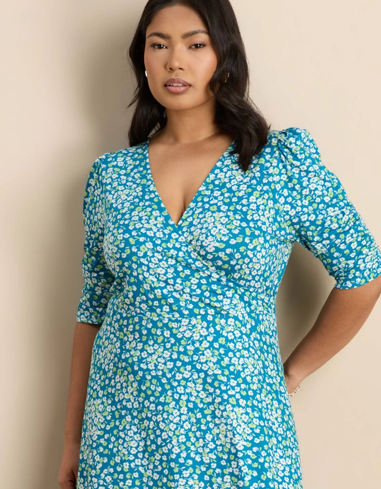 Blue Ditsy Print Jersey Ruched Sleeve Wrap Dress