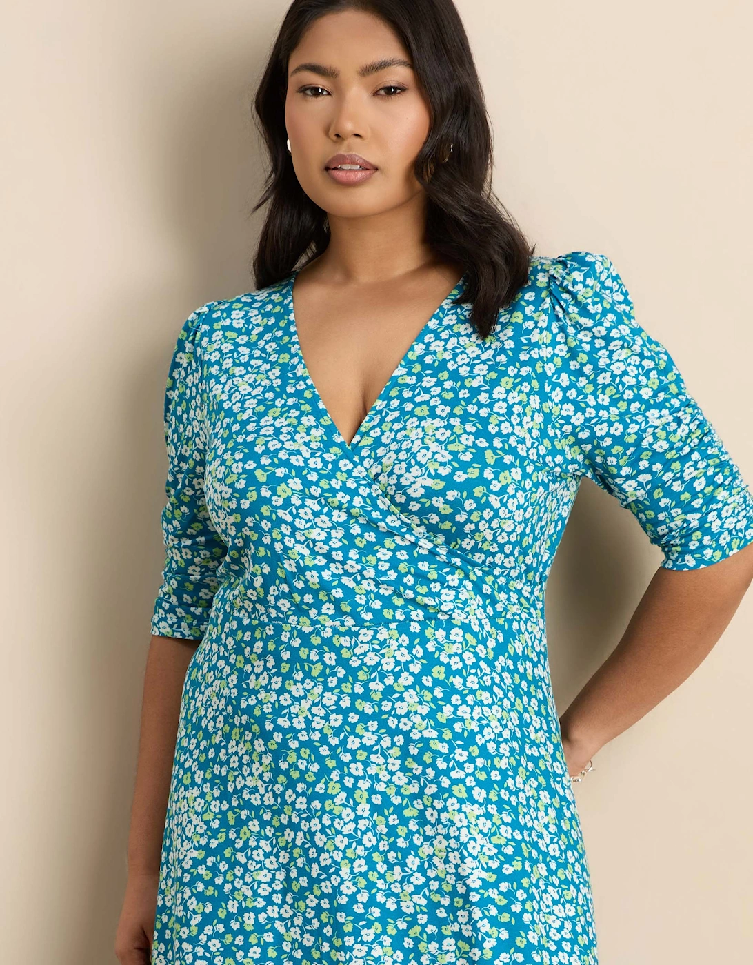 Blue Ditsy Print Jersey Ruched Sleeve Wrap Dress