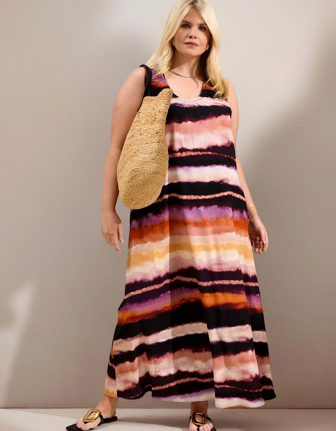 Abstract Multi Stripe Scoop Neck Maxi Dress