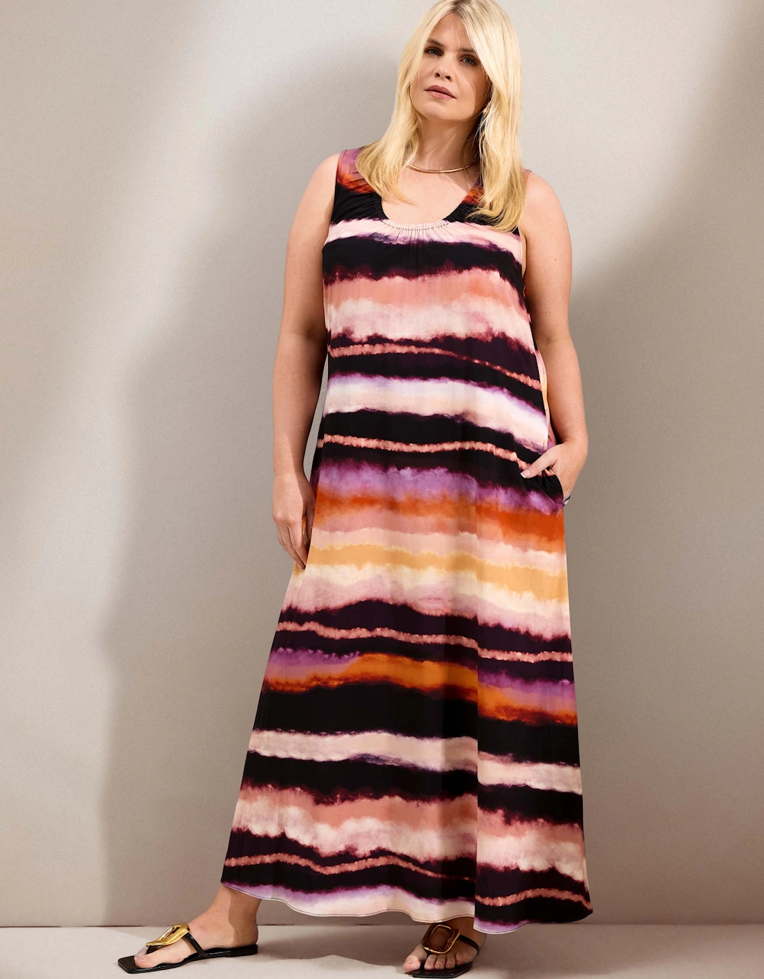 Abstract Multi Stripe Scoop Neck Maxi Dress