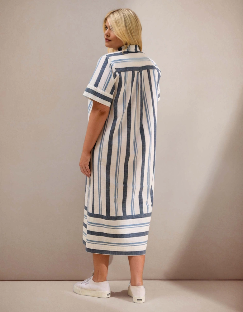 Blue Stripe Short Sleeve Linen Blend Shirt Dress