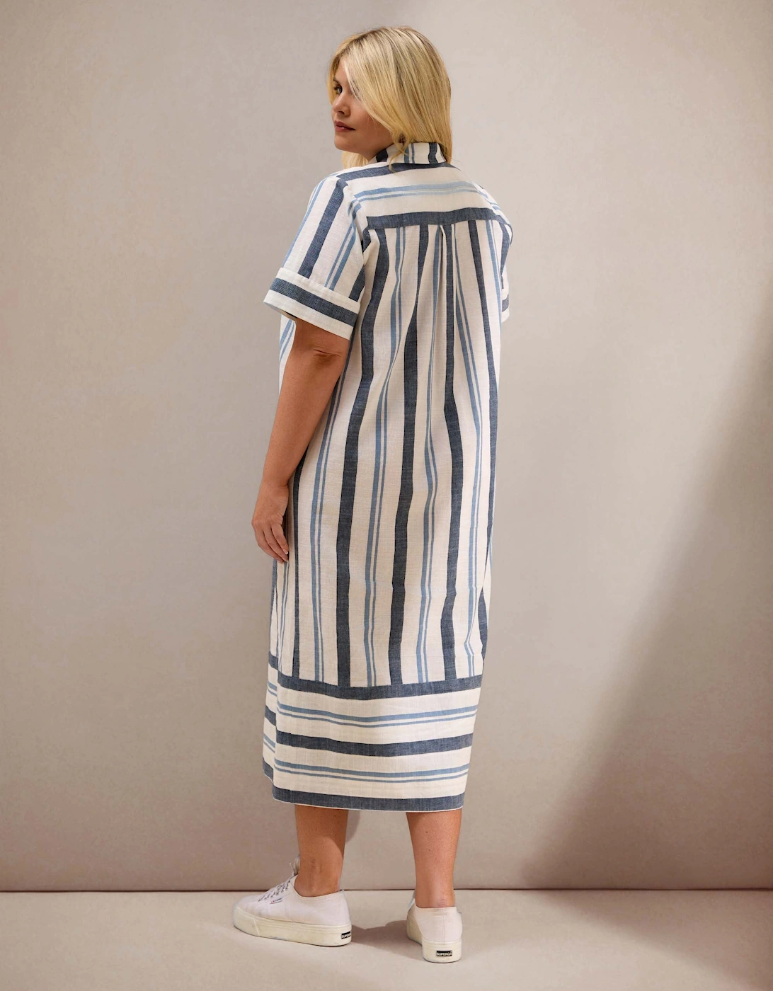 Blue Stripe Short Sleeve Linen Blend Shirt Dress