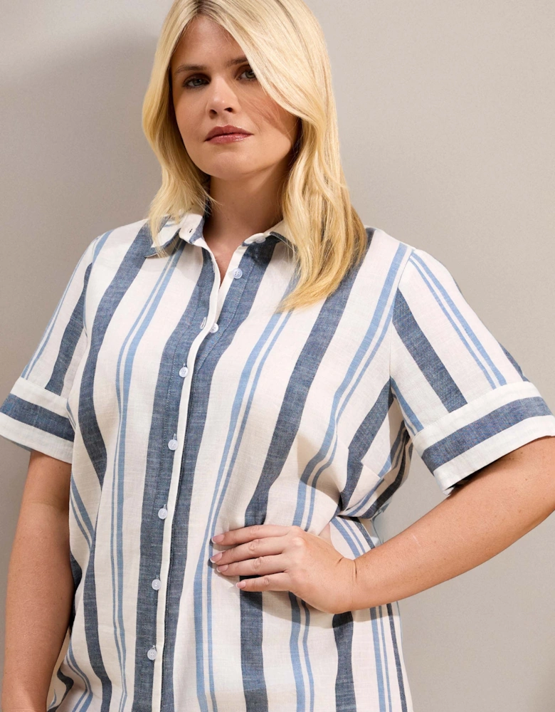 Blue Stripe Short Sleeve Linen Blend Shirt Dress