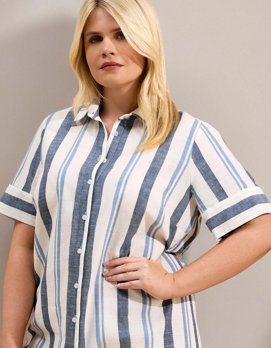 Blue Stripe Short Sleeve Linen Blend Shirt Dress