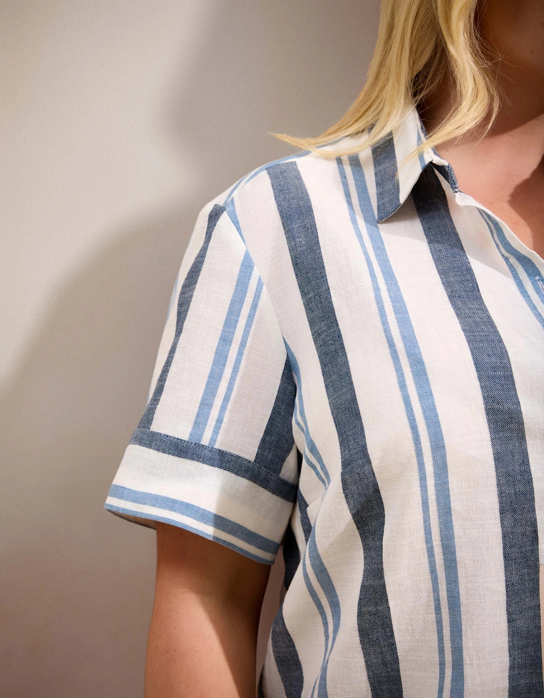 Blue Stripe Short Sleeve Linen Shirt