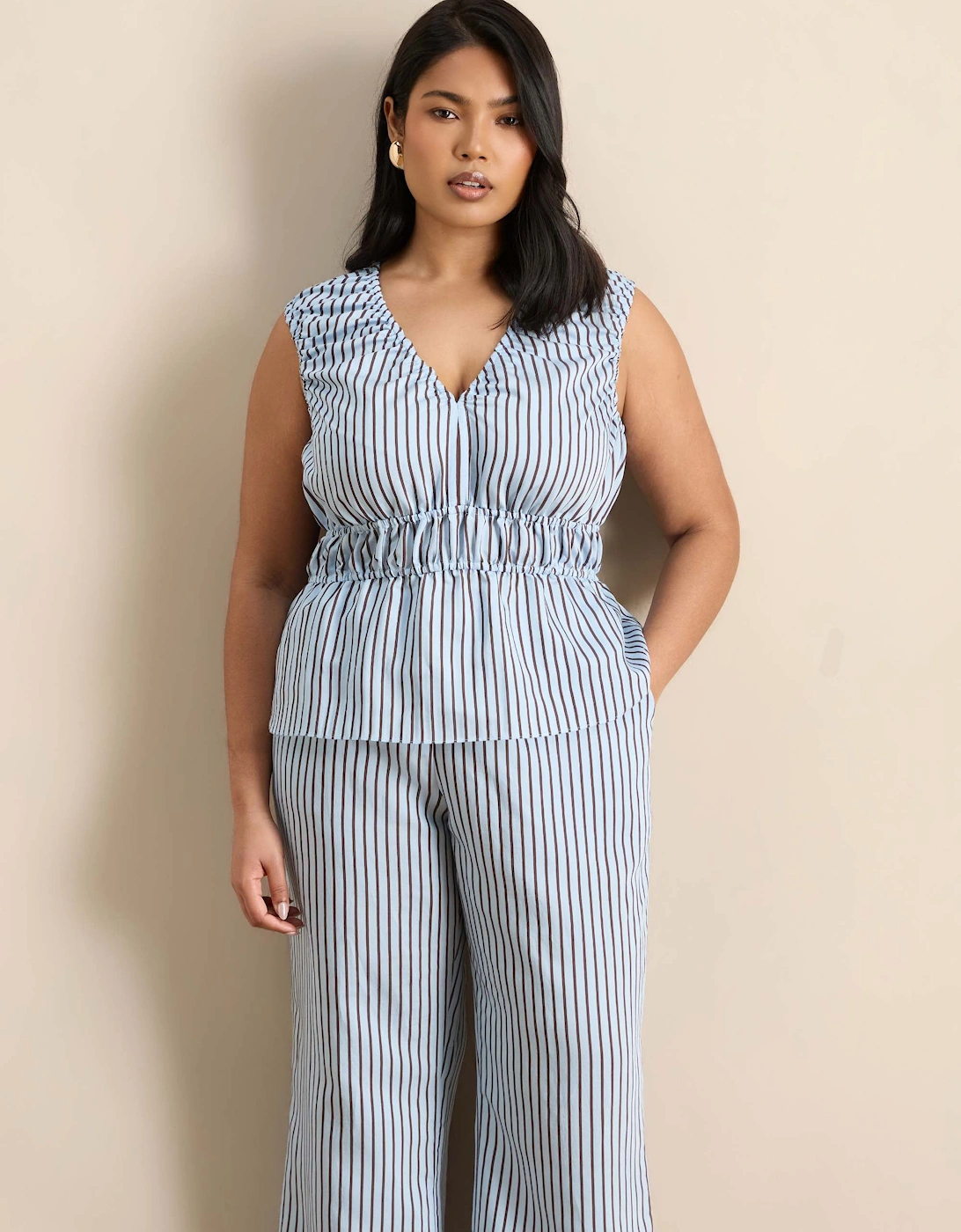 Blue And Chocolate Striped Wide Leg Trouser
