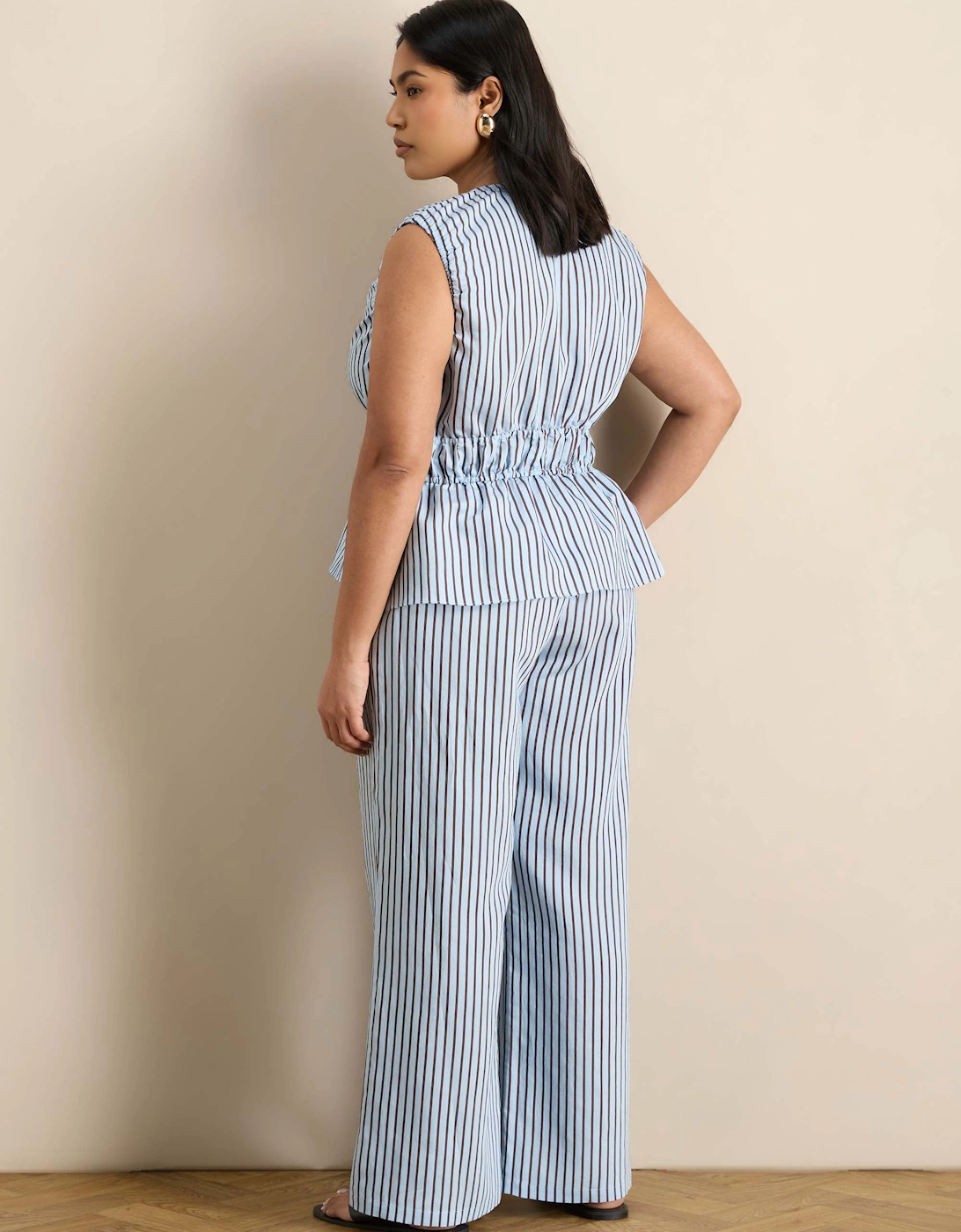 Blue And Chocolate Striped Wide Leg Trouser