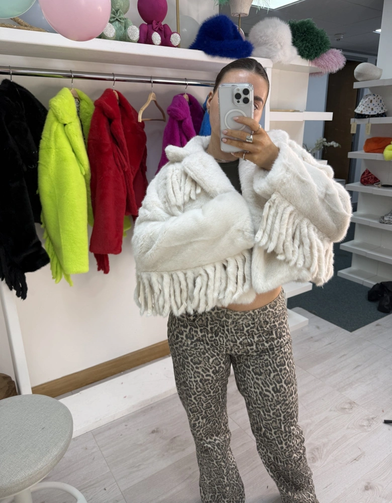 Cream Hand Cut Tassels Bamboo Lyocell Blend Eco Faux Fur Cropped Jacket