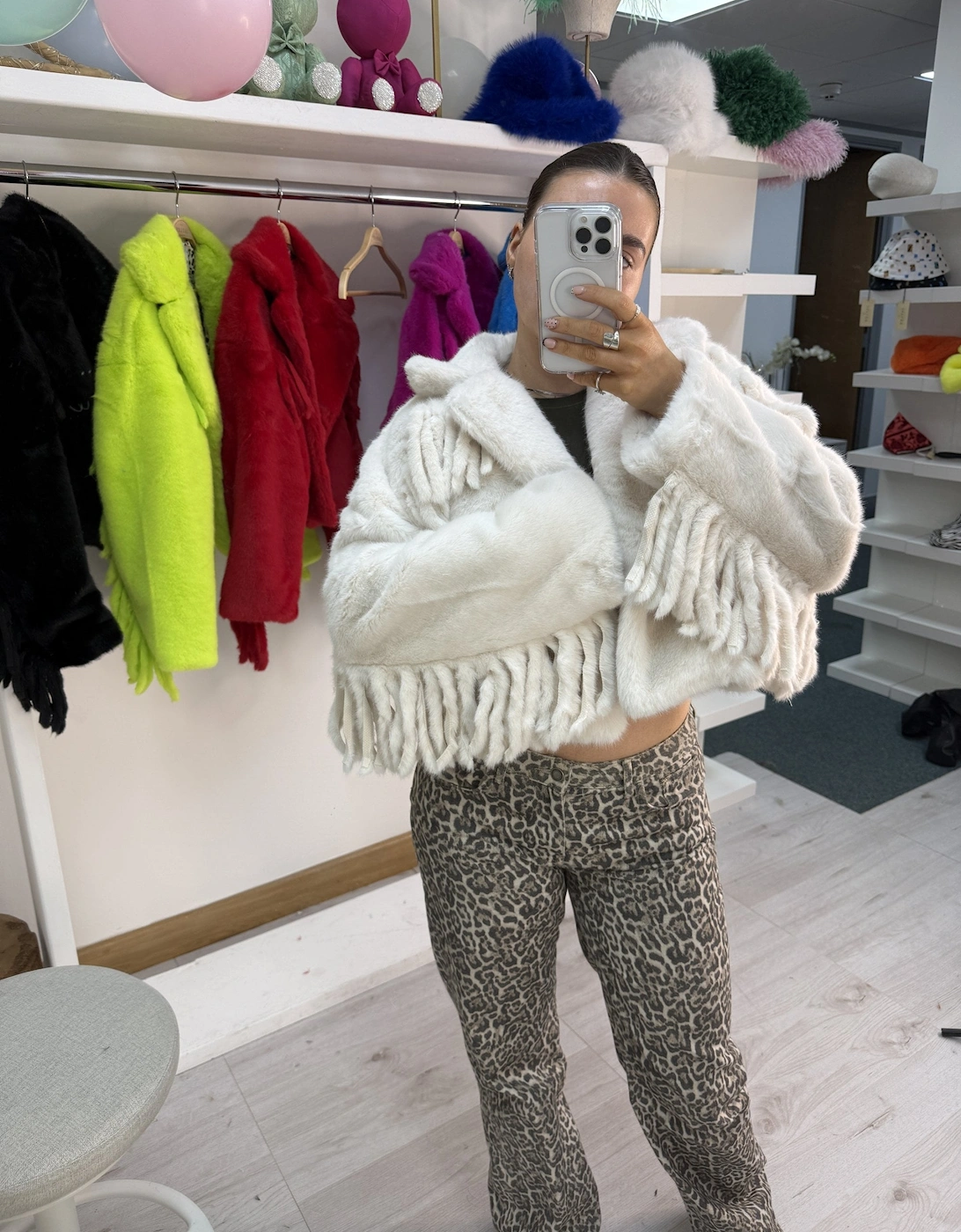 Cream Hand Cut Tassels Bamboo Lyocell Blend Eco Faux Fur Cropped Jacket
