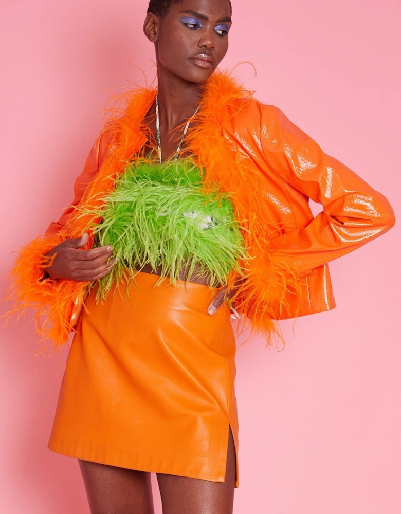 Faux Leather Jacket with Feather Trim