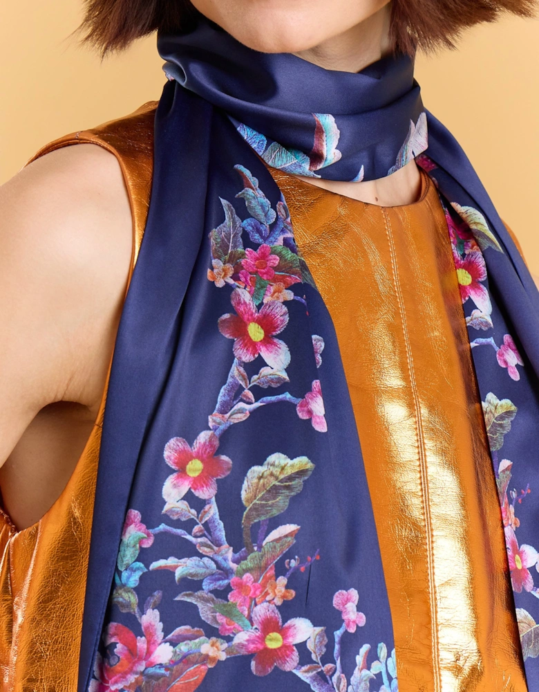 Silk Blend Blue Floral Long Scarf
