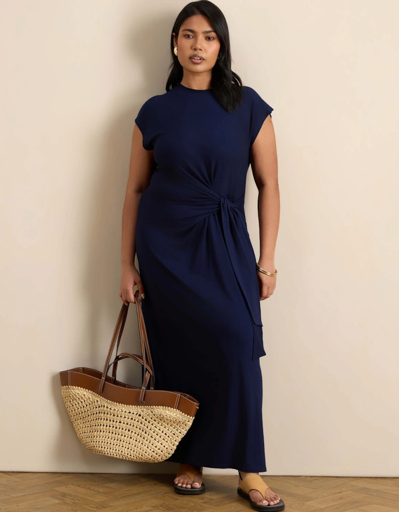 Navy Short Sleeve Tie Side Jersey Midaxi