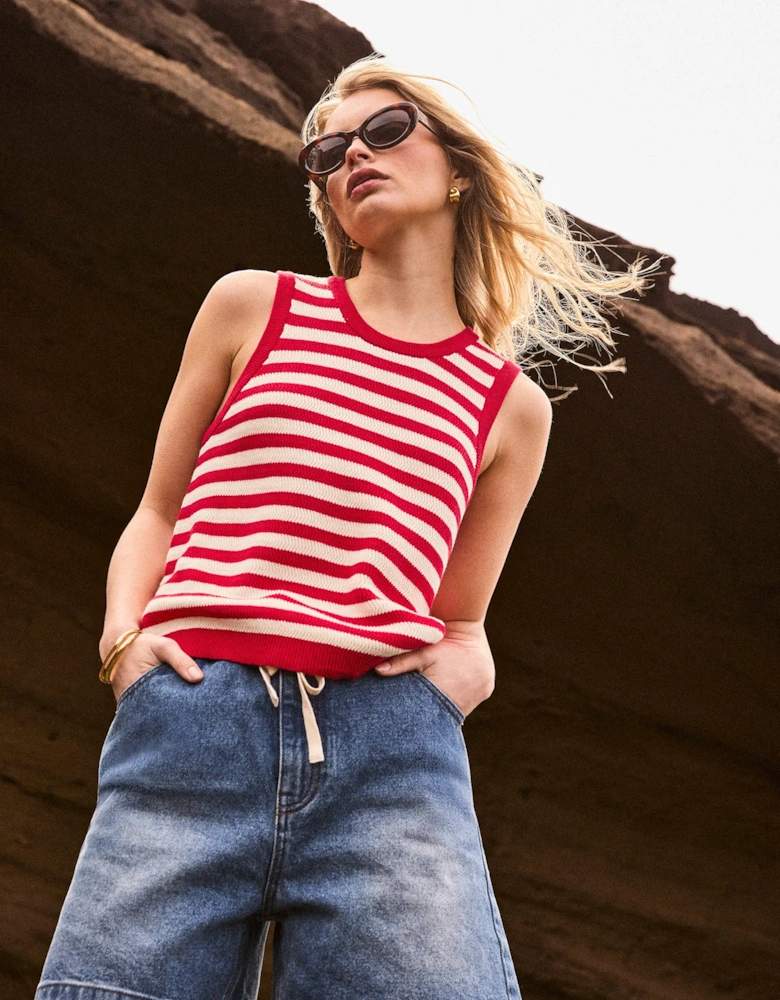 Red Stripe Cotton Knit Shell Top