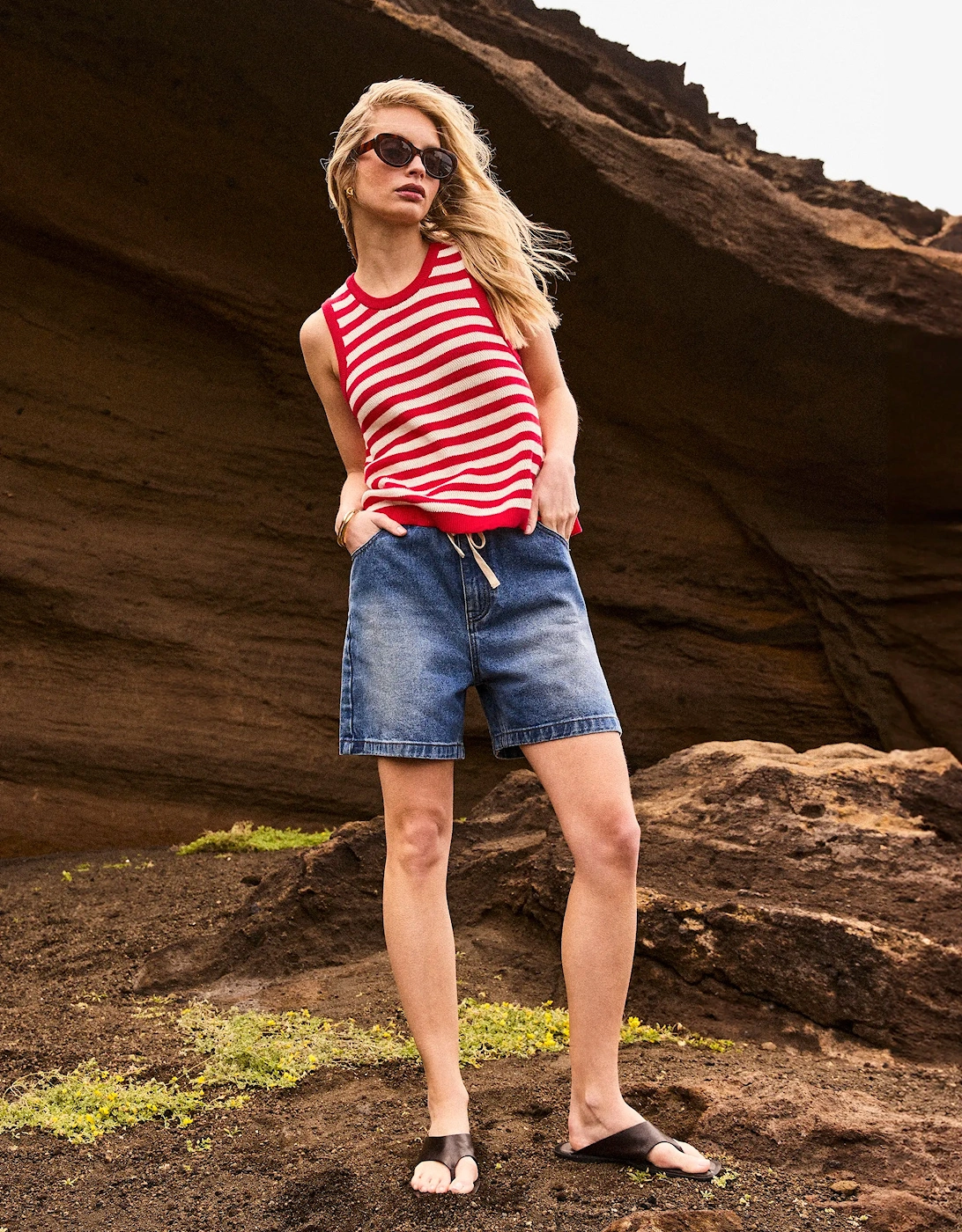 Red Stripe Cotton Knit Shell Top