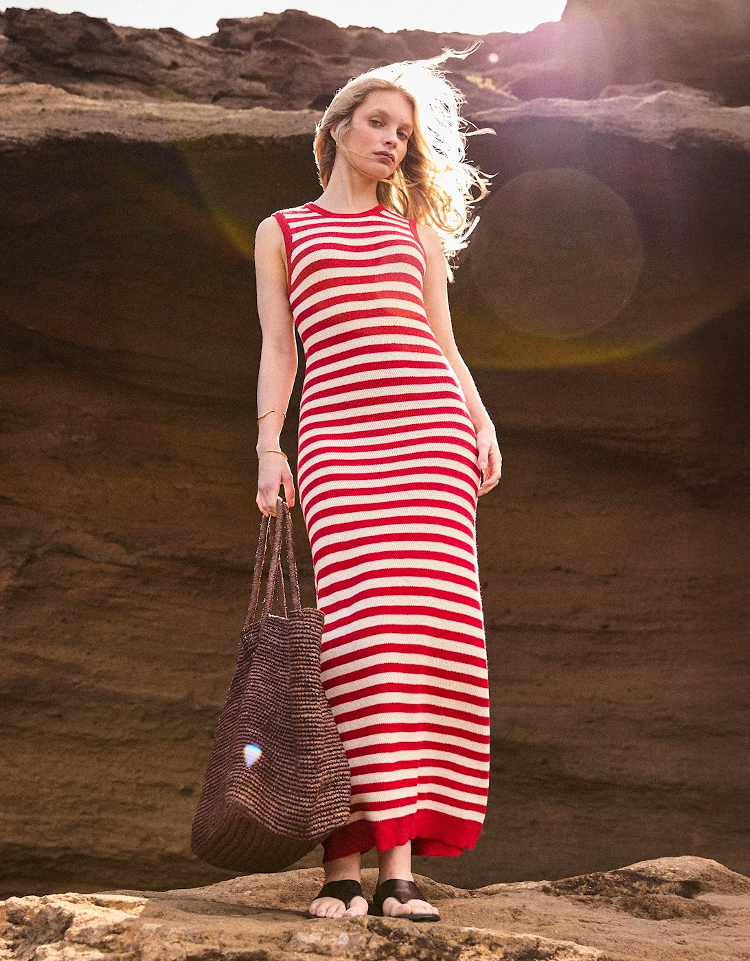 Red Stripe Cotton Knit Midi Dress