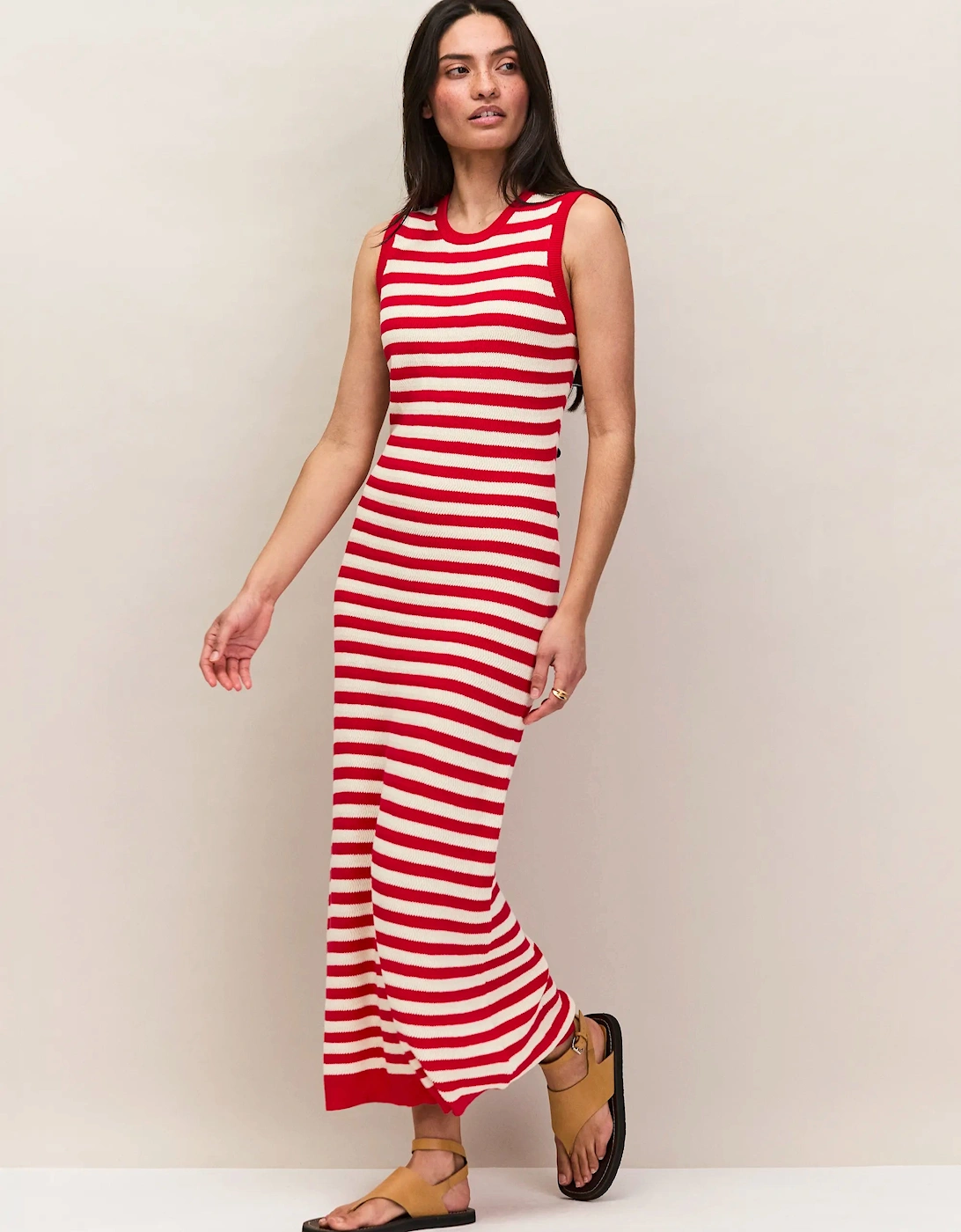 Red Stripe Cotton Knit Midi Dress