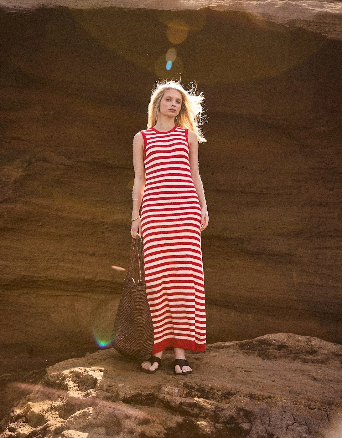 Red Stripe Cotton Knit Midi Dress