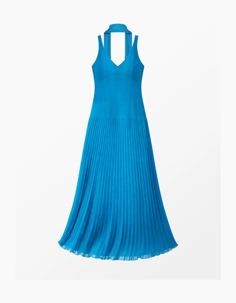 Vivian Teal Pleated Drop-Waist Dress with Scarf