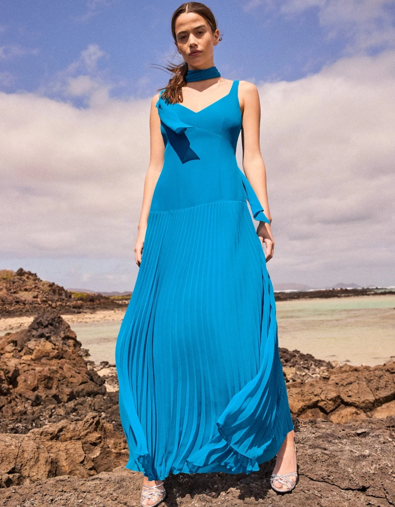 Vivian Teal Pleated Drop-Waist Dress with Scarf