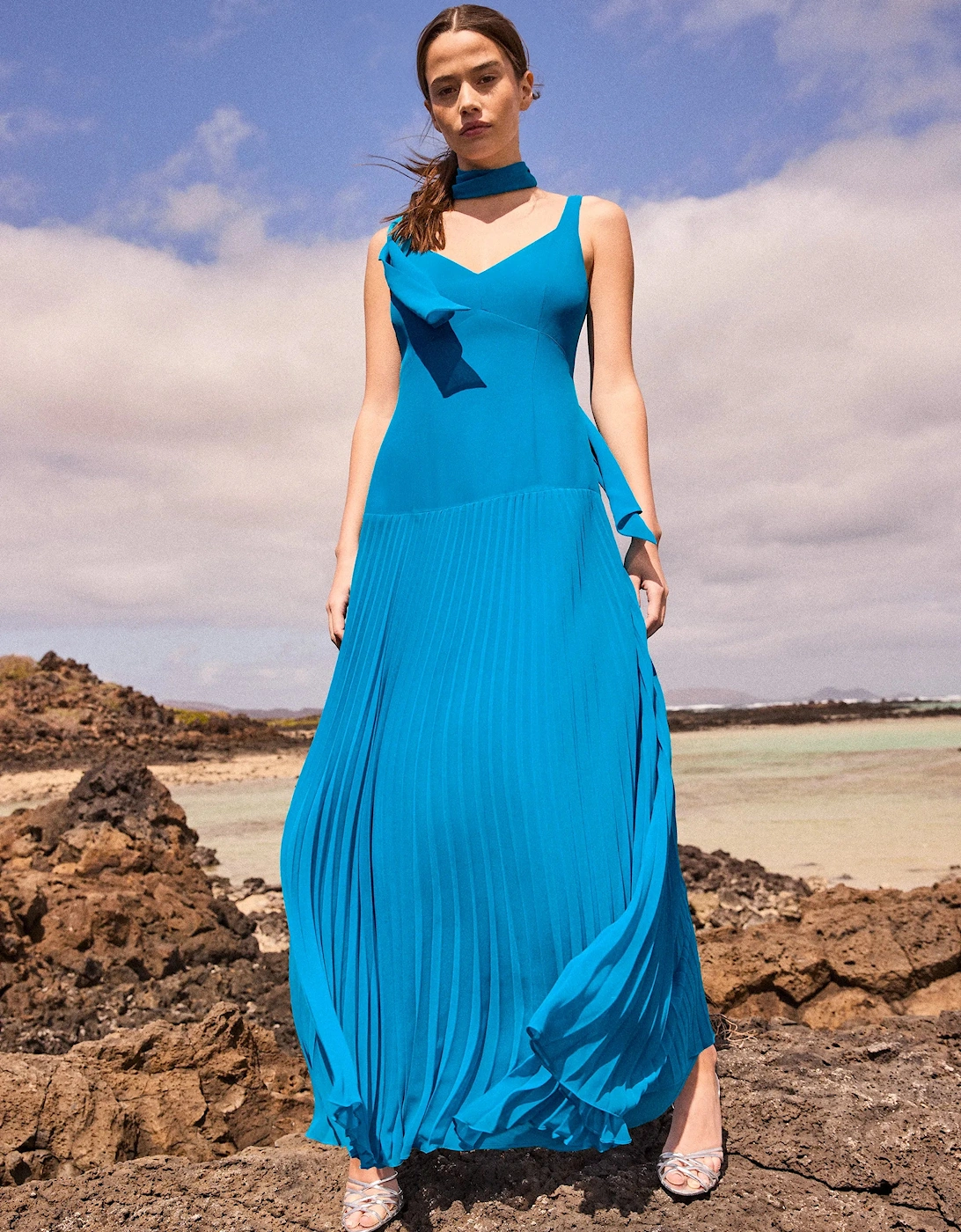 Vivian Teal Pleated Drop-Waist Dress with Scarf