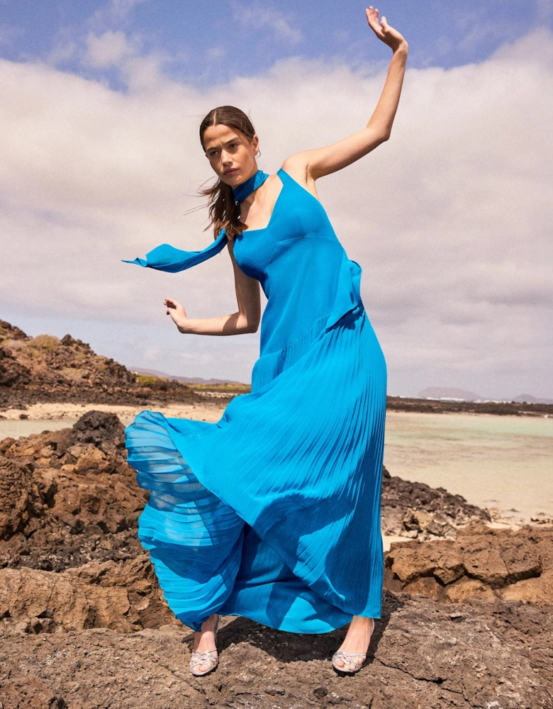 Vivian Teal Pleated Drop-Waist Dress with Scarf