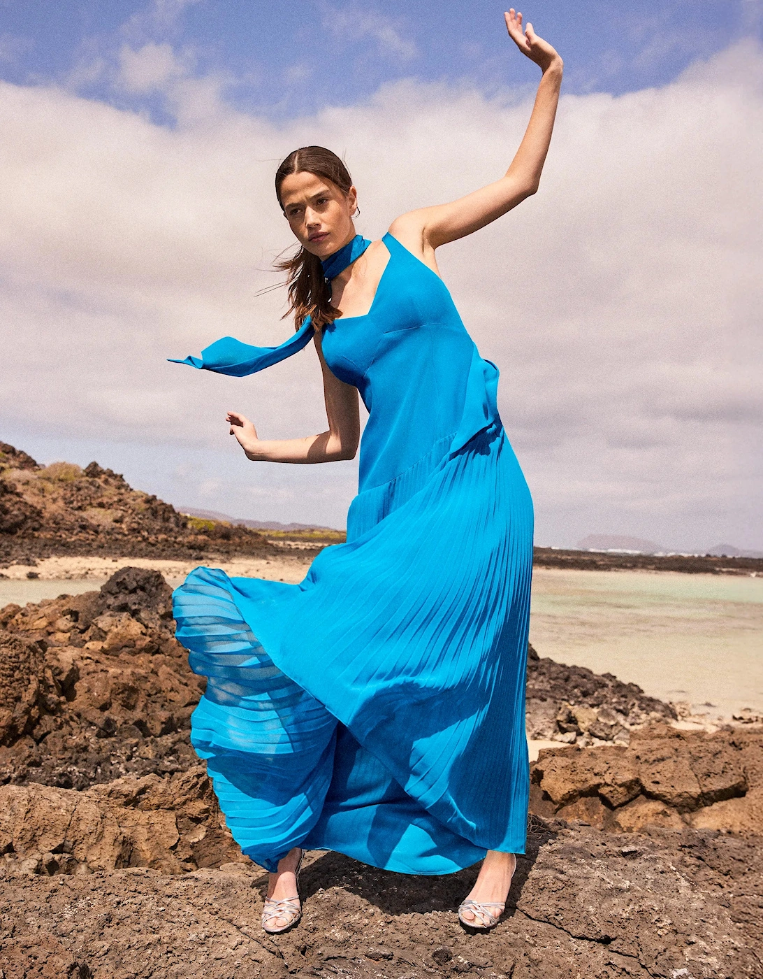 Vivian Teal Pleated Drop-Waist Dress with Scarf