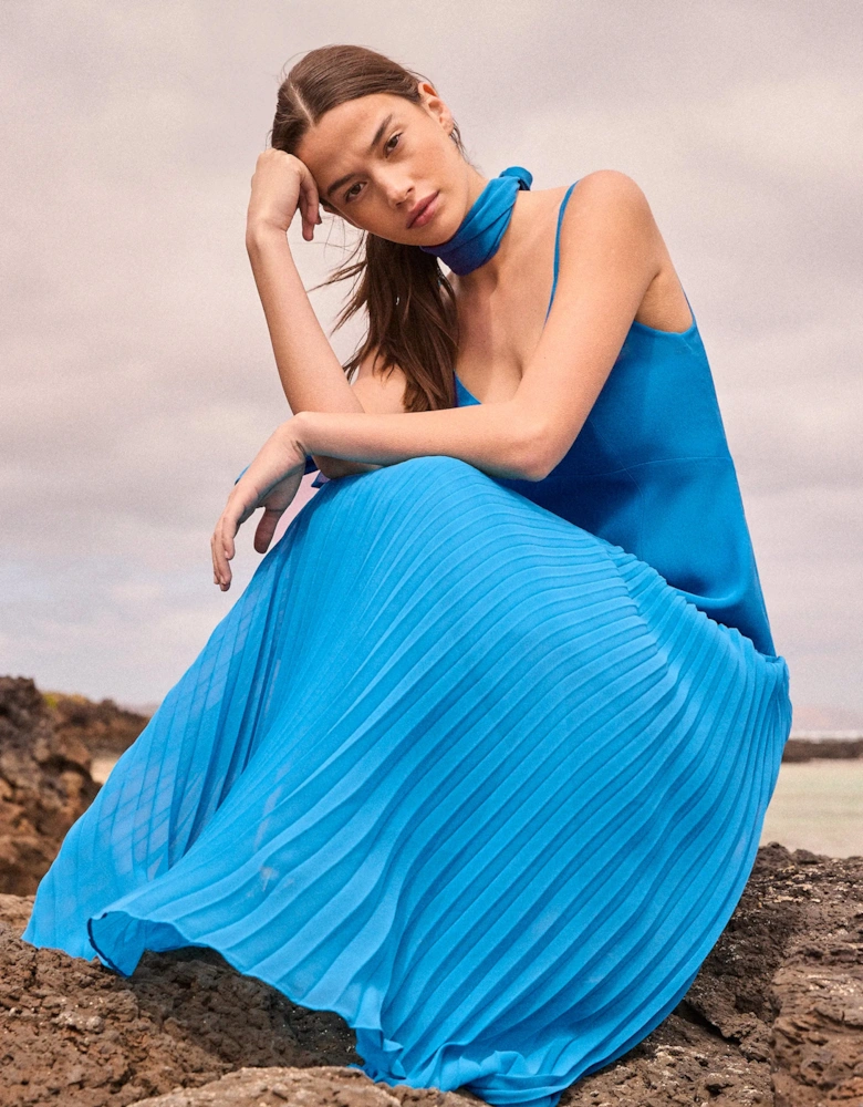 Vivian Teal Pleated Drop-Waist Dress with Scarf