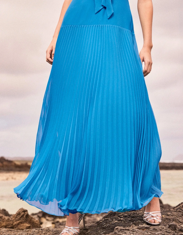 Vivian Teal Pleated Drop-Waist Dress with Scarf