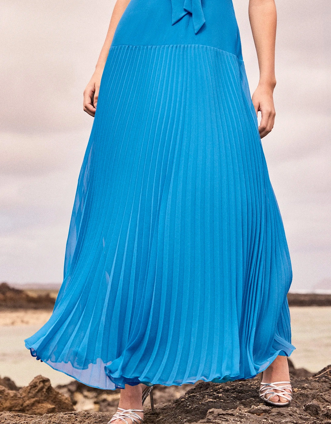 Vivian Teal Pleated Drop-Waist Dress with Scarf