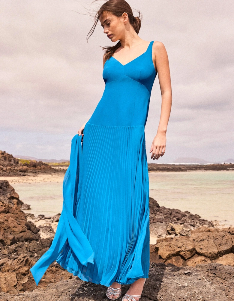 Vivian Teal Pleated Drop-Waist Dress with Scarf