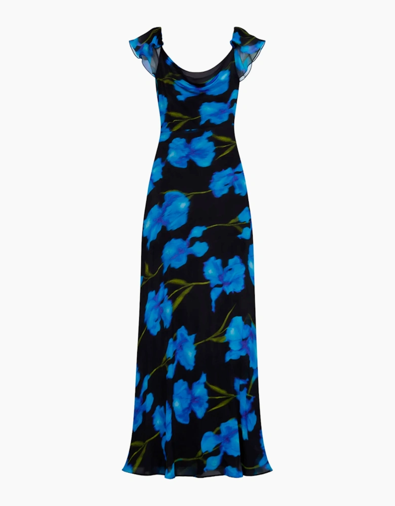 Imola Blue Floral Cowl-Neck Maxi Dress