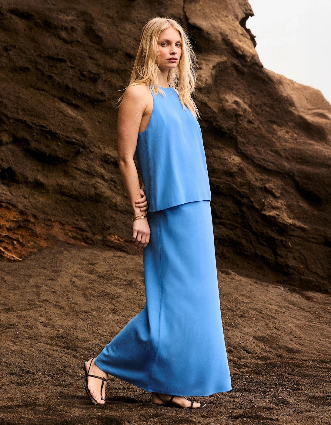 Petite Blue Linen Blend Bias Skirt