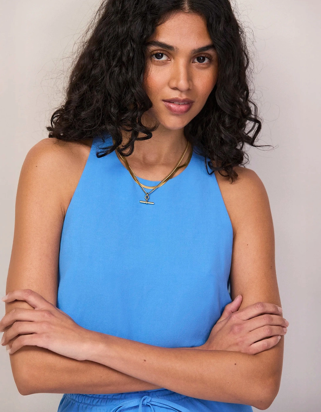 Blue Linen Blend Halter Top
